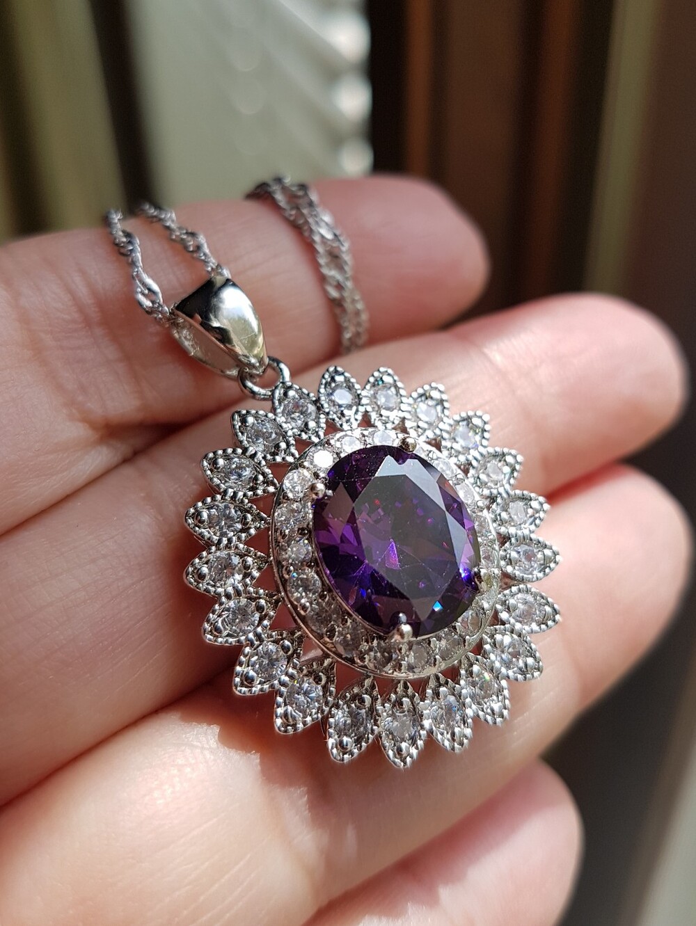 Swarovski Elements 925 Sterling Silver Amethyst Purple Flower Halo Necklace NEW